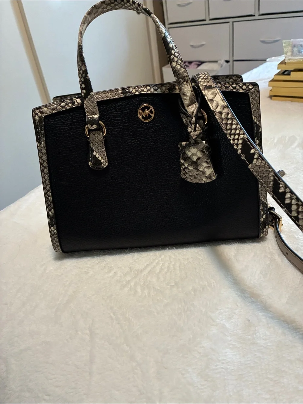 Michael Kors Black Satchel with Snake-Print Trim and Gold Hardware